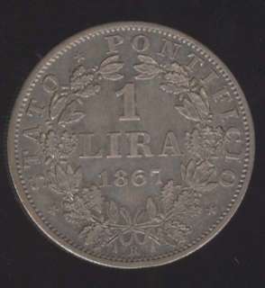 VATICAN CITY COIN SILVER STATO PONTIFICIO 1 LIRA 1867  