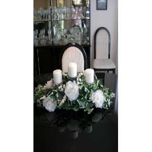   Pillar Candle   White Rose Silk Floral Arrangement 