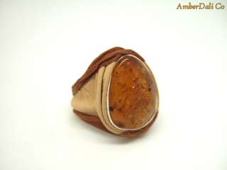 Natural Baltic Amber Leather Ring Adjustable Size  