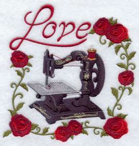 LOVE & ANTIQUE SEWING  MACHINE EMBROIDERED QUILT BLOCK  
