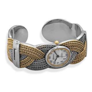 Silver & Gold Tone Braided Mother of Pearl Cuff Watch  