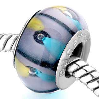 PUGSTER® BEAD GOLD BLUE PEACOCK FEATHER MURANO GLASS CHARM FOR 
