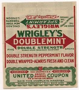 Old WRIGLEYS DOUBLEMINT CHEWING GUM Wrapper Coupon  