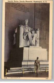 Linen PostcardSoldier on Crutches at Lincoln Memorial Statue 