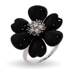 Black Onyx Magnolia CZ Sterling Silver Flower Ring Size 9 (Sizes 5 6 7 