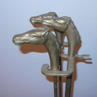   BRASS Set on Stand 4 Pc FIREPLACE FIRE TOOLS Horse Head  