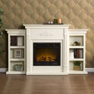 SEI Tennyson Ivory ELECTRIC FIREPLACE Mantle w/ Bookcases TV Stand 