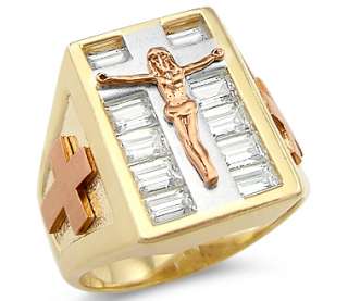14k New Tri Color Gold Mens Large Cross Crucifix Ring  