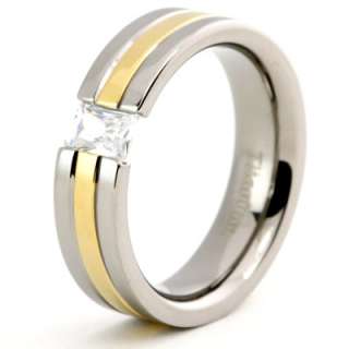 Titanium Ring Wedding Band 14k Gold Plated CZ 6mm Sz 8  