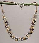 Multi color Fresh water pearl on leather cord Silver ha