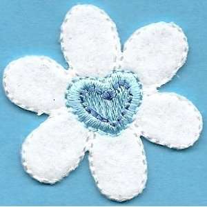  Iron On Applique/White Flower w/Blue Heart Center 