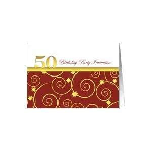  50th birthday Party invitation, elegant golden swirls on 