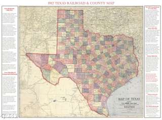 1912 Texas Railroad & County Map Poster~Kenyon 18x24  
