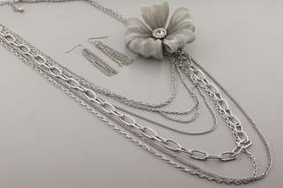   Multi Chain Necklace With Mesh Metal and Rhinestone Flower #34  