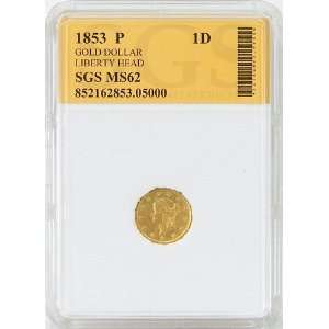  1853 MS62 Liberty Head $1.00 Gold Coin Graded by SGS 