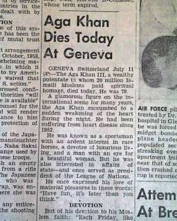 AGA KHAN III DEATH Sultan Mahommed Shah 1957 Newspaper  