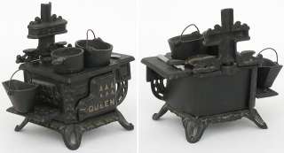 Vintage QUEEN miniature cast iron stove w/accessories pots toy 