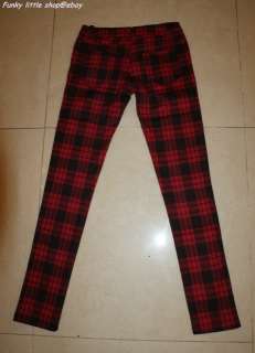 Red plaid tartan checker cigarette tight pants leggings punk rock emo 