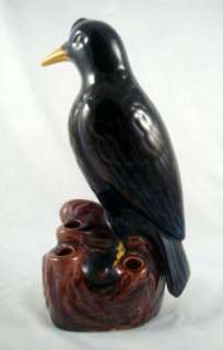 Vintage Ceramic Pottery Black Crow Raven Bird Figurine Hat Pin Holder 