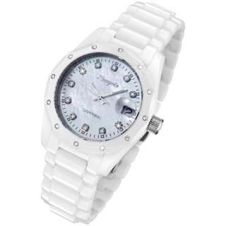 Rougois Ladies White Ceramic Watch 23 Genuine Diamonds Mother of Pearl 