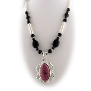 Pink Rhodonite Sterling Silver Pendant Pearl Black Onyx Stone Necklace