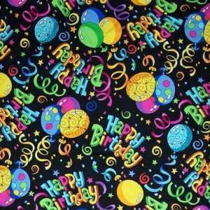 Happy Birthday with Balloons, Ribbons (Black Background) Fabric By the 