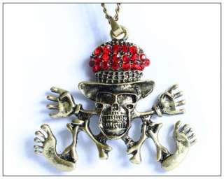 Skull bone red hat designs pendant necklace long chain for men & women 