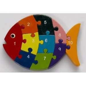  Numbers Fish Wooden Chunky Puzzle   Painted: Toys & Games