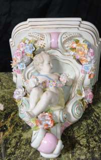 Pair Dresden Porcelain Cherub Wall Supports Shelf  