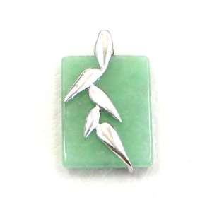 Natural Green Jade Bamboo Fine 925 Sterling Silver with Rhodium Plated 