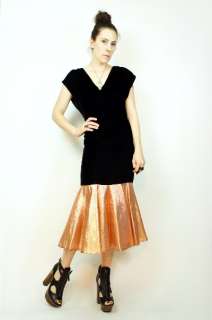  does 20s black velvet cocktail dress. Copper metallic skirt drapes 