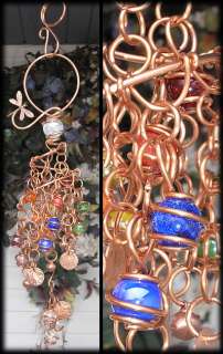 Rainbow Wind Chimes Glass Copper Garden Art Handmade Stamped Metal 