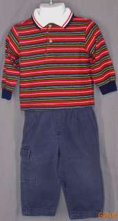 Navy Blue Pants with Red, Blue, Yellow, Green Striped Polo Shirt Size 